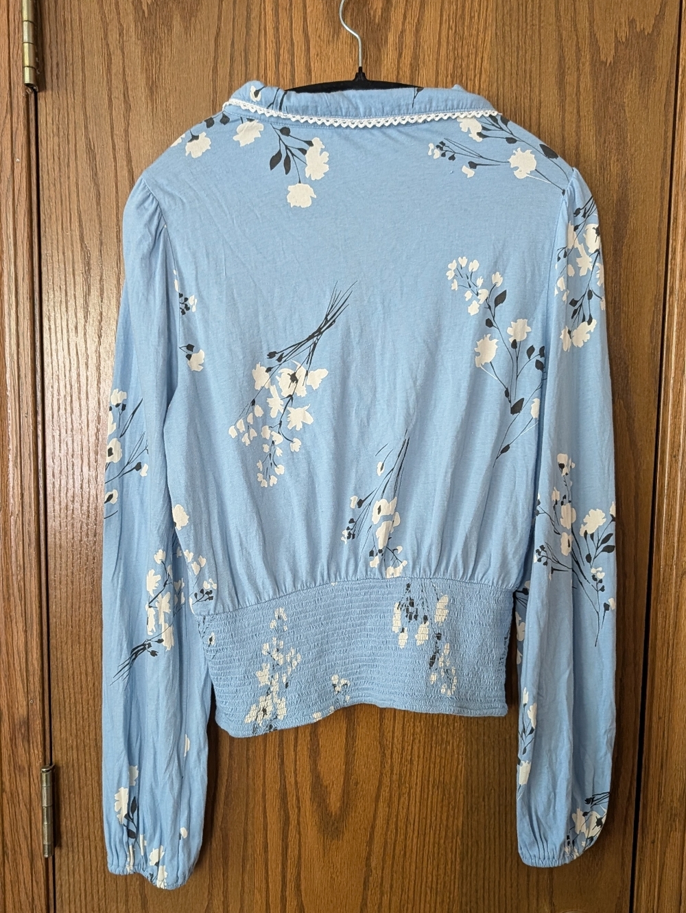Maeve Light Blue Floral Button-Front Smocked Waist Blouse - Picture 3 of 5